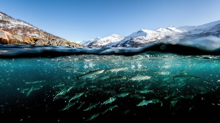 A split-view of salmon swimming in clear Arctic waters with snowy mountains in the background. Perfect for themes of aquaculture and nature. Generative by Ai