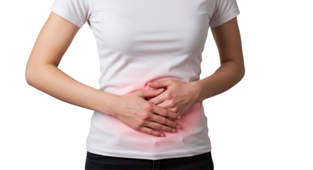 Isolated Woman Holding Stomach in Pain