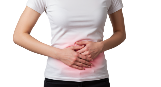 Isolated Woman Holding Stomach in Pain