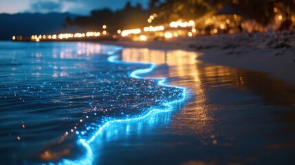 Obraz premium Enchanting bioluminescent waves at a serene beach tropical paradise photography evening calm captivating natural wonder