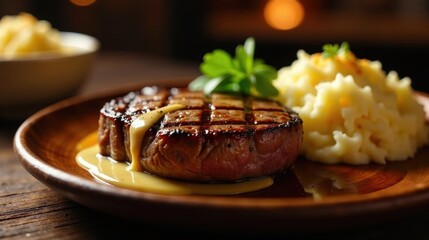 Delicious Grilled Steak with Creamy Mashed Potatoes and Savory Sauce on Rustic Wooden Plate
