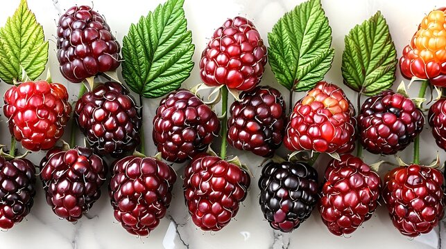 Top-down view of raspberries arranged in an even grid pattern with green leaves placed at random points isolated on white