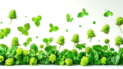 Fototapeta premium A collection of raspberries gently tumbling out of a tipped-over container with green leaves scattered around isolated on white