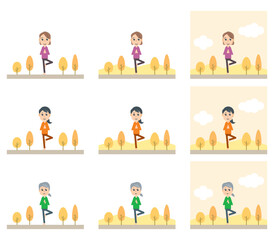 四季の自然の中でヨガのポーズをする人　健康　運動