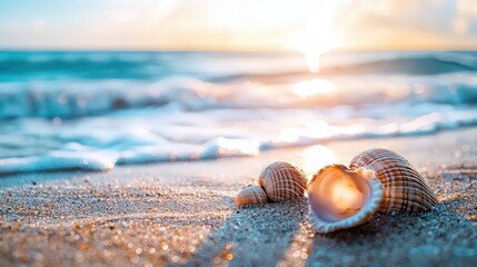 Close-up seashells on seashore beach holiday, landscape background