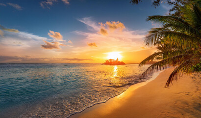 Sandy beach with coconut palm trees in the turquoise sea on paradise island. Royalty high-quality free best stock of panoramic sunrise landscape. Inspire tropical seascape horizon, summer vacation