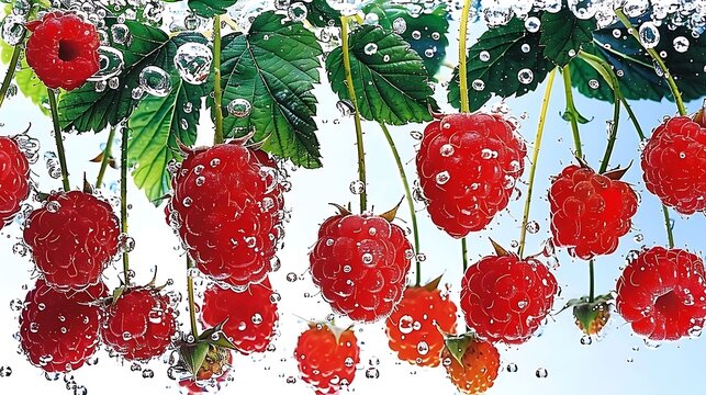 A high-speed capture of raspberries falling with green leaves in mid-air isolated on a white background energetic and fresh