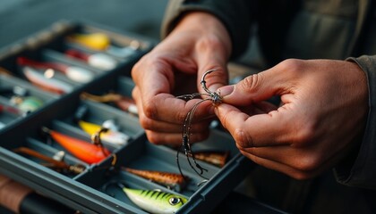 fishing gear, Fisherman tying lures with fishing gear in hands beside tackle box