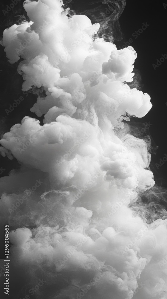 Poster thick white clouds rise and twist against a deep black background, creating a surreal and dreamlike 