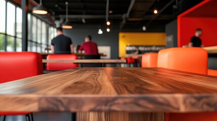 Obraz premium Warm wooden table contrasts with vibrant seating in modern dinin