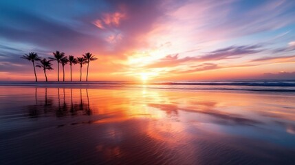 Sunset serenity over palm trees tropical beach landscape photography peaceful environment coastal view nature's beauty