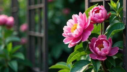 Peony blossoms climbing up a rustic metal trellis , trellis, flower, peony
