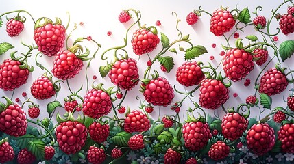 A creative pattern of raspberries arranged in diagonal lines with green leaves scattered throughout clean white background