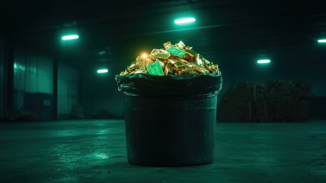 A trash bin overflowing with golden bullion and paper currency