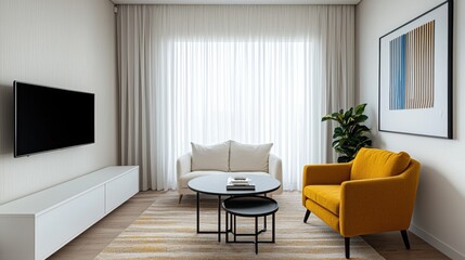 Modern Living Room Interior with Yellow Accent Chair and TV