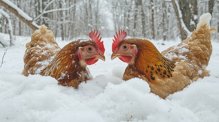 Two hens face each other in snowy winter woods