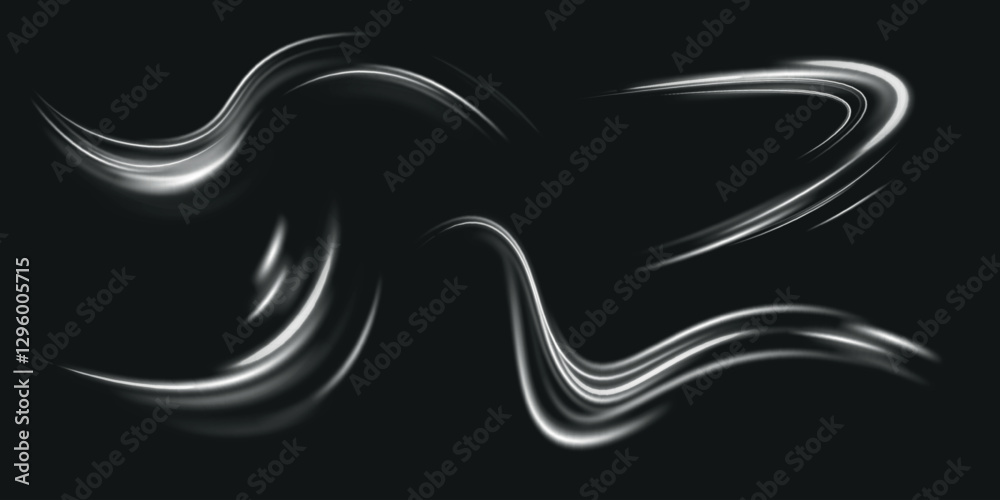 Poster Set of abstract light lines of movement and speed. Realistic set of snow storm or wind swirls isolated on dark  background.
