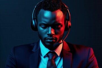 Fototapeta premium focused call center agent in a sharp suit, headset on, cool blue screen glow, modern office, soft shadows, exuding professionalism and client care.
