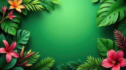 Naklejka premium Lush Tropical Foliage and Vibrant Blossoms Frame a Verdant Background, Ideal for Summery Designs and Invitations