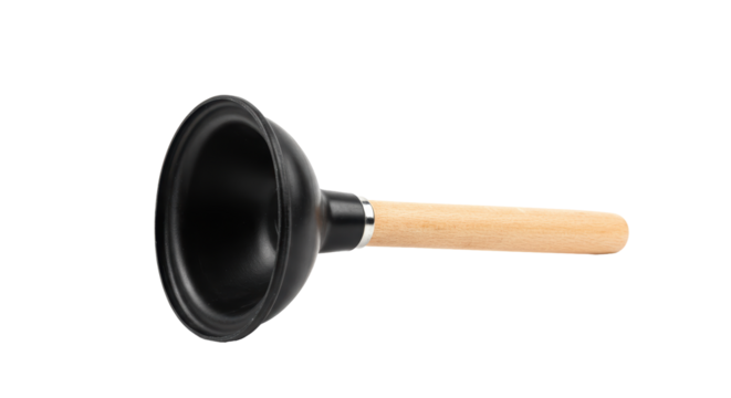 Isolated Black Rubber Plunger with Wooden Handle