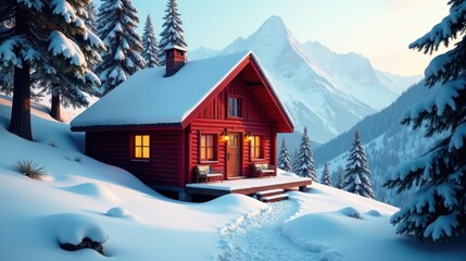 Naklejka premium Serene Winter Cabin Retreat Nestled Amongst Snow-Covered Evergreens and Majestic Mountain Peaks