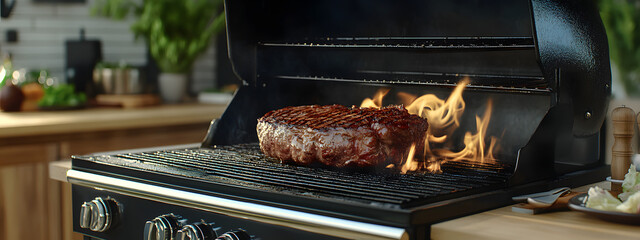 A high-resolution, realistic advertising photo of an outdoor grill with flames and steak cooking on the grates
