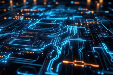 Obraz premium futuristic circuit board pulsing with neon blue lights, data streams weaving through black void, sharp angles, and a cool, electric glow, symbolizing connectivity.