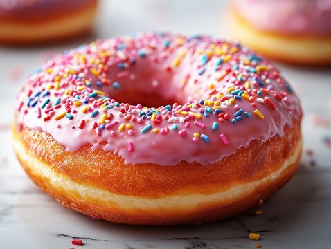 Frischer Donut mit pinker Glasur und bunten Streuseln