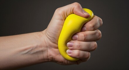 Close-up of a hand squeezing a bright yellow stress ball against a dark gray background, concept for stress relief, therapy, and anxiety management