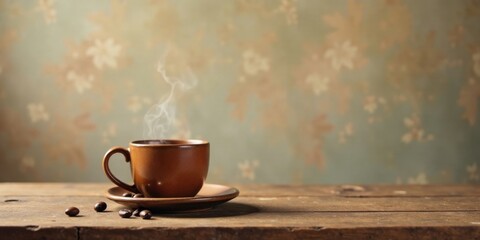 Aromatic Coffee in Rustic Setting Steaming Cup on Wooden Table with Coffee Beans