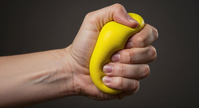 Close-up of a hand squeezing a bright yellow stress ball against a dark gray background, concept for stress relief, therapy, and anxiety management