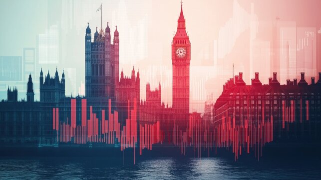 London Skyline with Big Ben and Financial Data Visualization Elements - Powered by Adobe