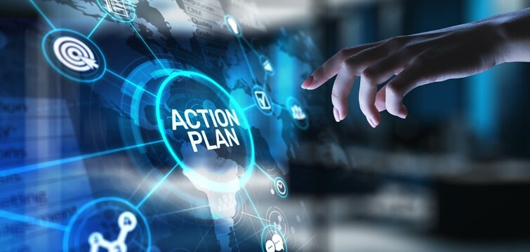 Action Plan Strategic Planning and Goal Setting, projection on a virtual screen, Business and Technology Concept.