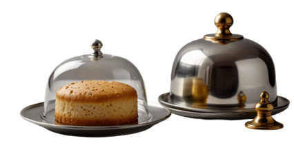 Silver serving cloche raised above empty golden plate on a transparent background