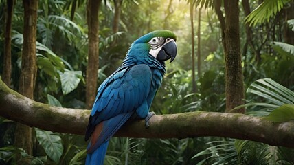 Obraz premium Majestic Spix's Macaw Perched in a Vibrant Tropical Rainforest
