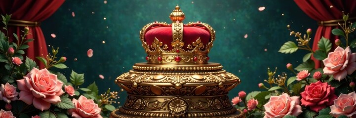 Obraz premium Regal crown atop ornate, golden pedestal amidst intricate floral patterns and lavish foliage , golden swirls, ornate background, royal crest