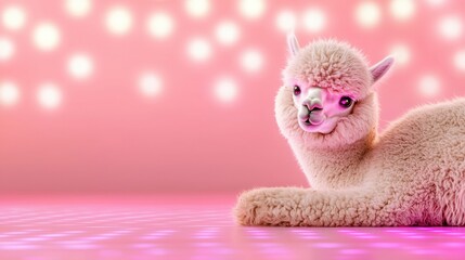Fototapeta premium A cute, fluffy alpaca rests on a vibrant pink background adorned with soft glowing lights, exuding a playful and charming ambiance.
