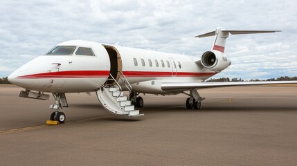 Luxurious Private Jet on Tarmac with Open Rear Staircase for Boarding