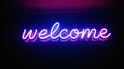 The vibrant neon "welcome" sign glows in a dimly lit area in hues of pink, blue and purple