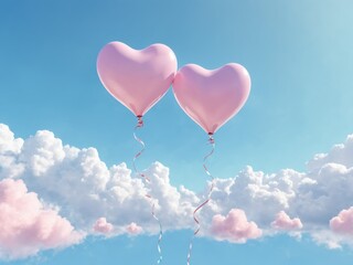 Fototapeta premium Two pink heart balloons float in a cloudy blue sky