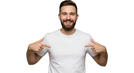Mockup white shirt on a transparent PNG. The man is pointing to the middle of the tshirt to reinforce the message