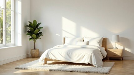 Serene Bedroom Interior Design with Natural Light, Minimalist Decor, and Comfortable Bedding