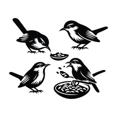 Wren bird eating vector silhouette icon set clipart in black & white