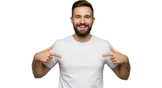 Mockup white shirt on a transparent PNG. The man is pointing to the middle of the tshirt to reinforce the message