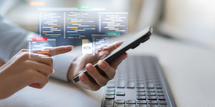 Software Development and Programming Languages Displayed on a Virtual Coding Interface.