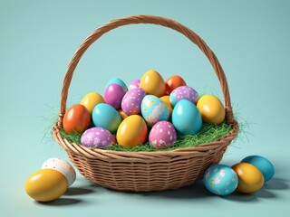 Naklejka premium Wicker basket filled with painted easter egg on green grass