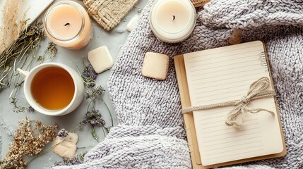 Cozy Autumn Still Life Tea Candles and Blank Notebook