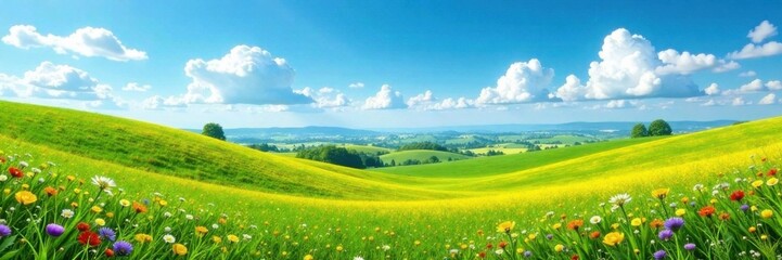 Fototapeta premium Rolling hills with wildflowers, blue sky and fluffy clouds, clouds, landscape, sky