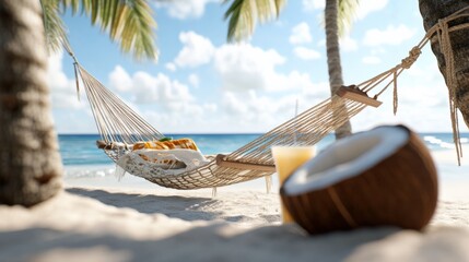 Relaxing in a tropical hammock beachside with refreshing drink serenity coastal paradise idyllic setting