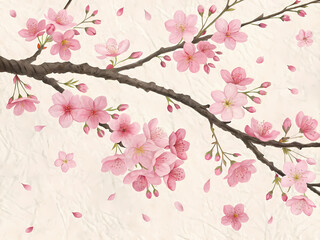 Fototapeta premium Branch of cherry blossoms delicately bloom, creating happy and vibrant display against neutral backdrop